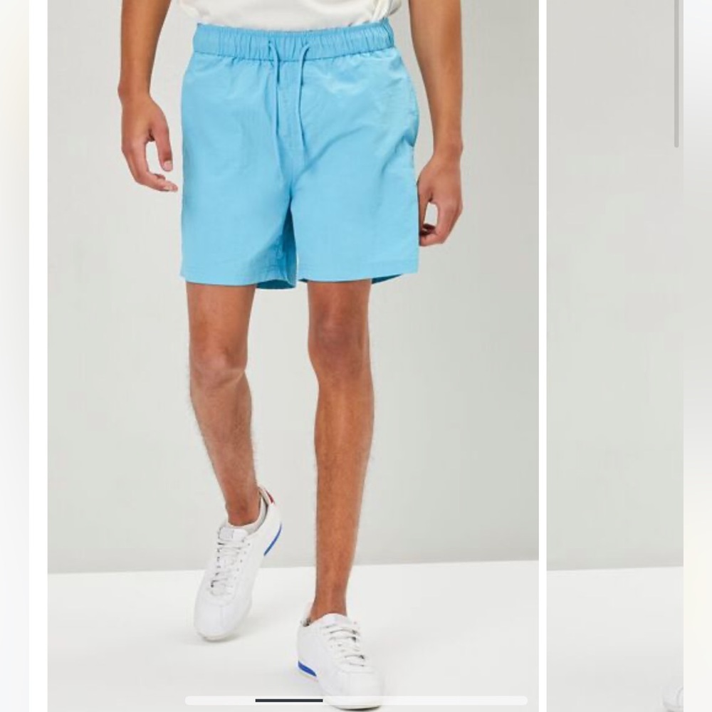 Forever 21 Men Recycled Nylon Drawstring Swim Trunks in Teal Blue